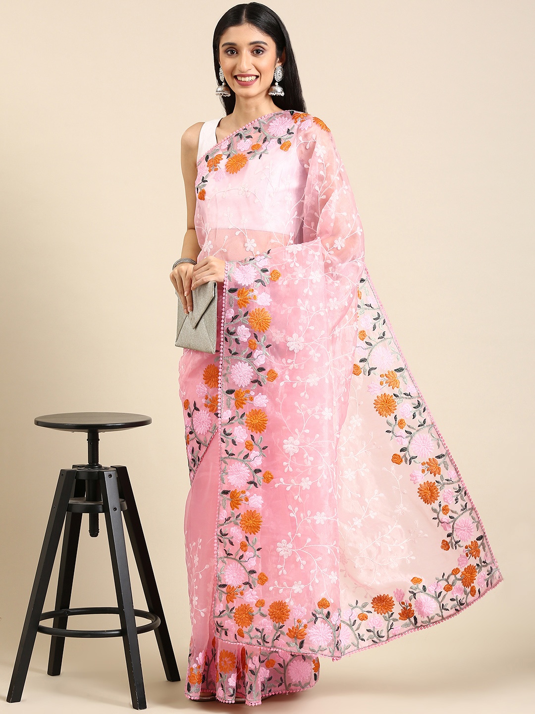 

Anouk Pink Floral Embroidered Organza Saree