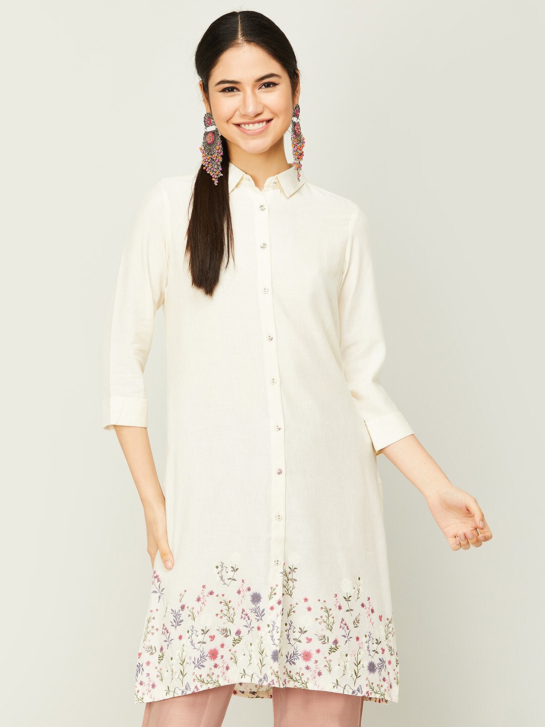 

Colour Me by Melange Women Off White & Green Printed Shirt Collar Tunic