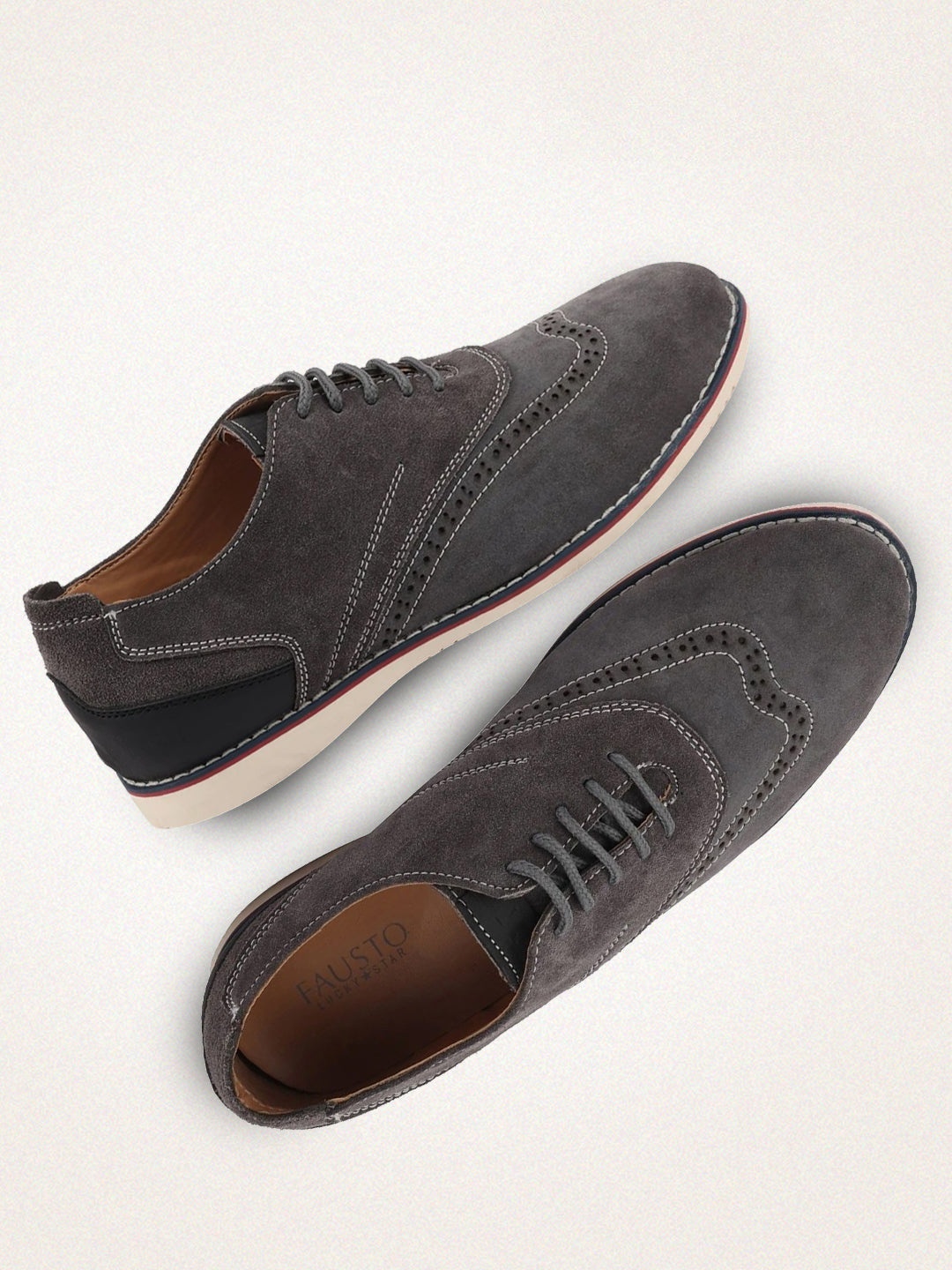 

FAUSTO Men Grey Perforated Lightweight Suede Brogues