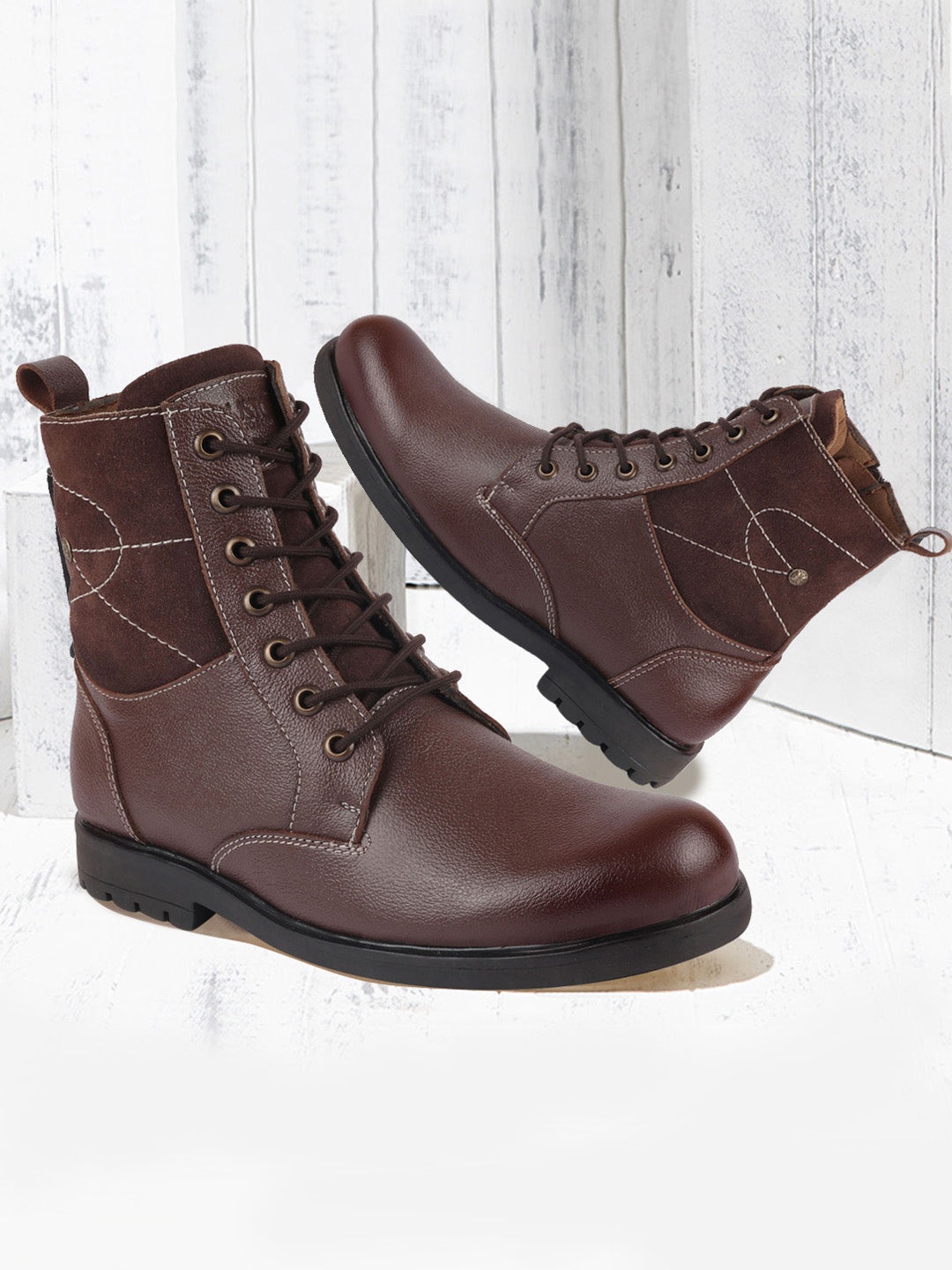 

FAUSTO Men Brown Solid Leather High-Top Flat Boots