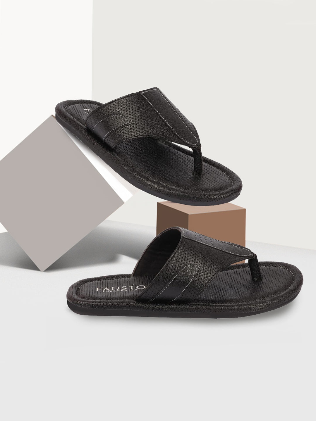 

FAUSTO Men Black Textured Thong Flip-Flops