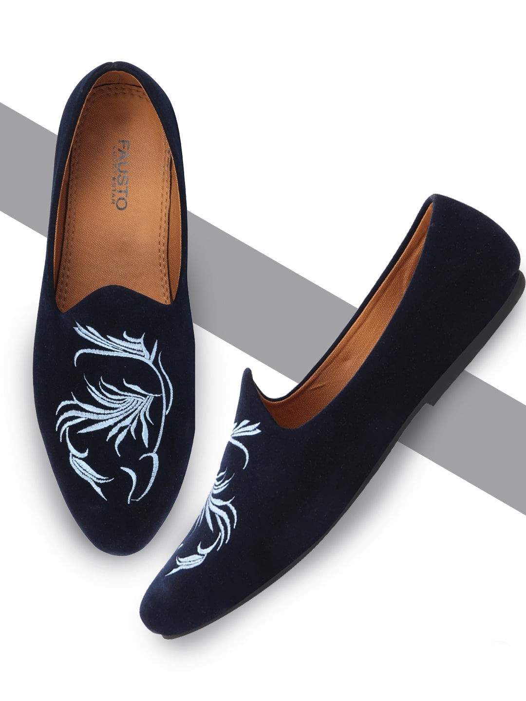 

FAUSTO Men Blue Embroidered Velvet Mojaris