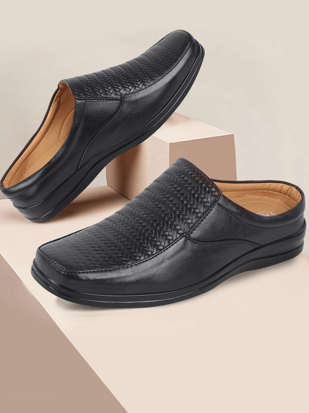 

FAUSTO Men Black Solid Leather Slip On Shoe-Style Sandals