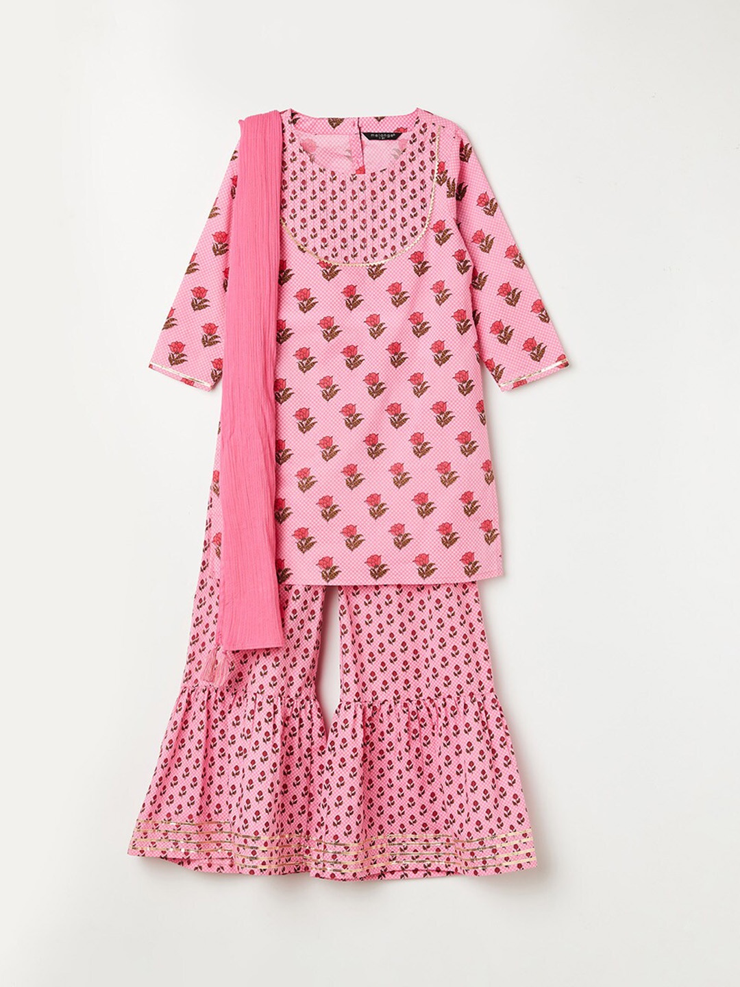 

Melange by Lifestyle Girls Pink Floral Printed Pure Cotton Kurta with Sharara & Dupatta