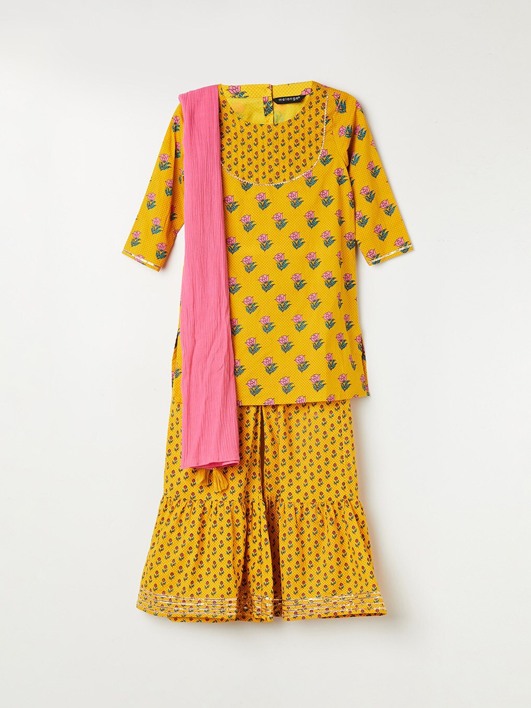 

Melange by Lifestyle Girls Yellow Floral Printed Pure Cotton Kurta with Sharara & With Dupatta