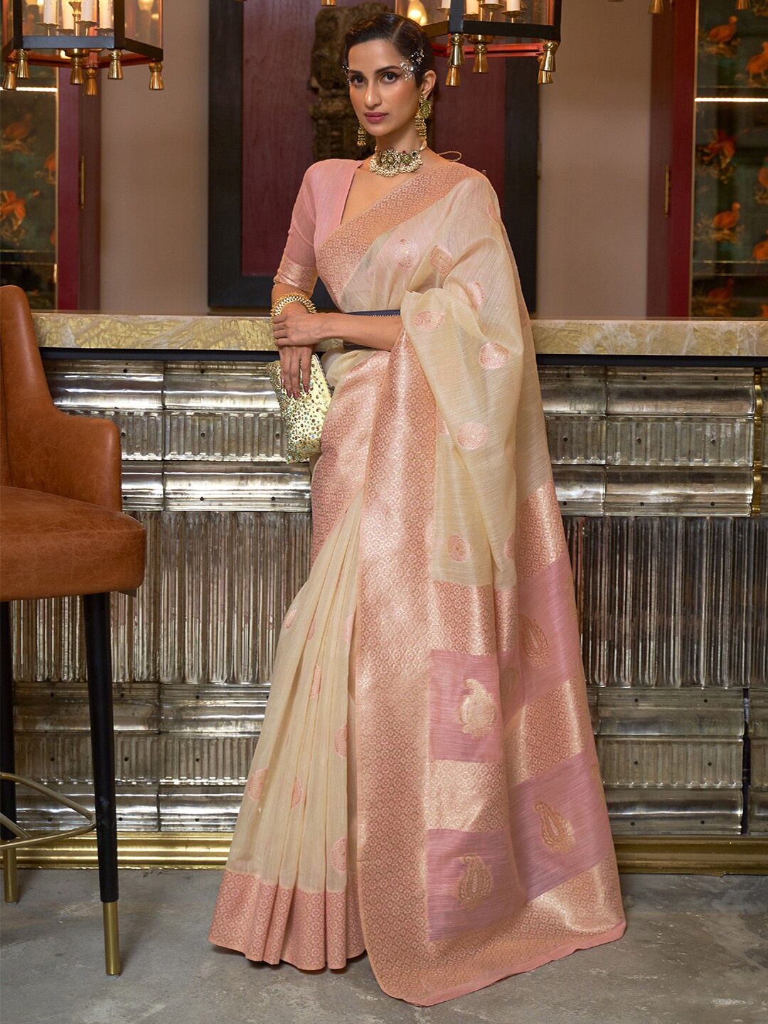 

Mitera Cream-Coloured Pink Ethnic Motifs Zari Poly Linen Bagru Saree