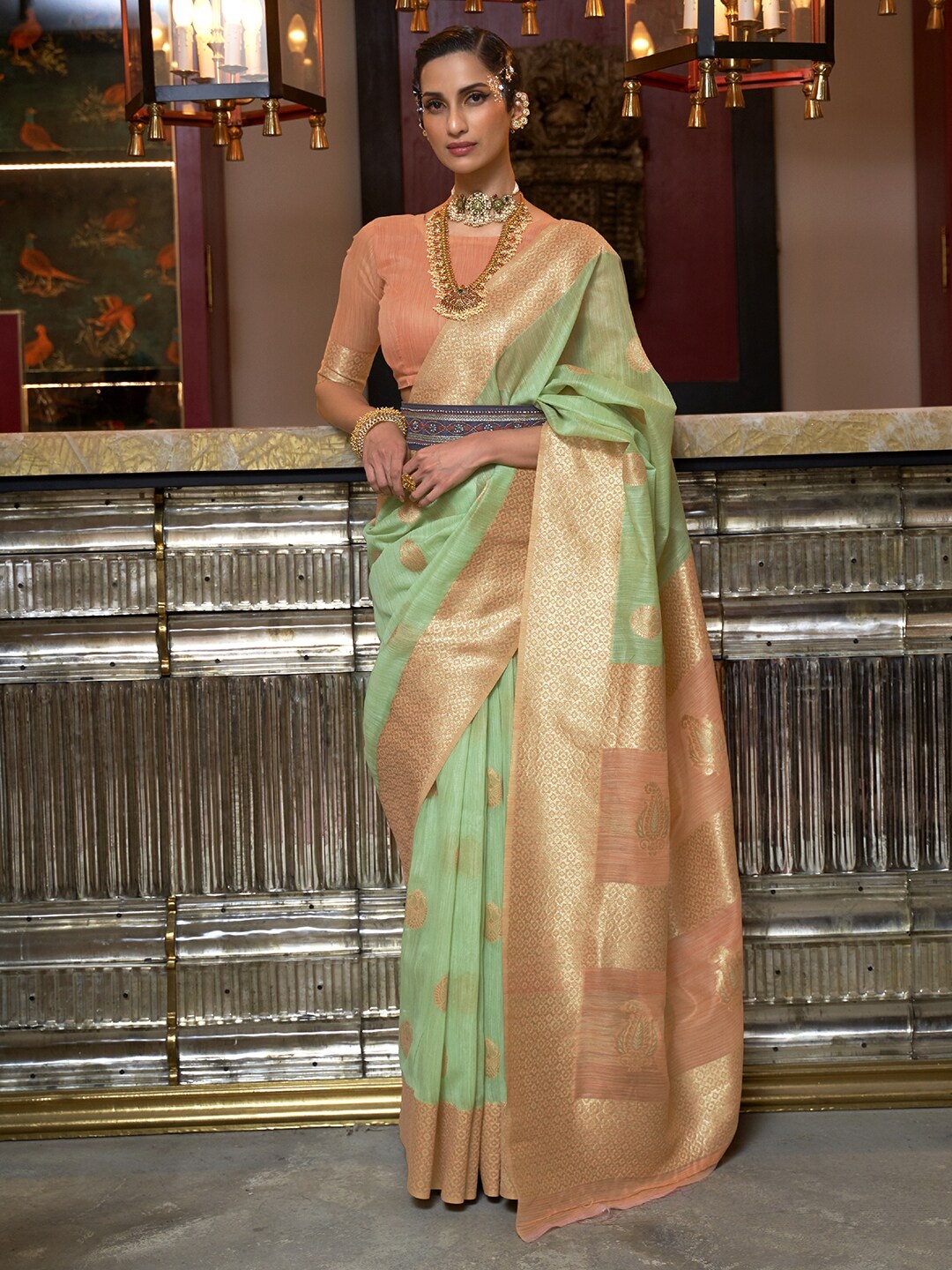 

Mitera Green & Peach-Coloured Woven Design Zari Poly Linen Saree