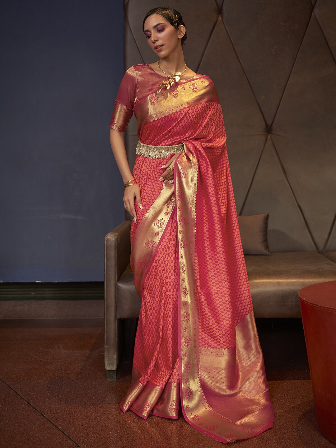 

Mitera Pink & Gold-Toned Ethnic Motifs Zari Silk Blend Kanjeevaram Saree