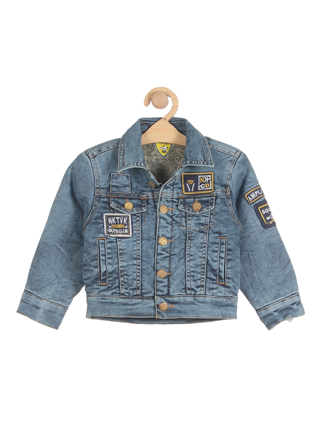 

Lil Lollipop Unisex Kids Blue Washed Lightweight Open Front Jacket with Patchwork