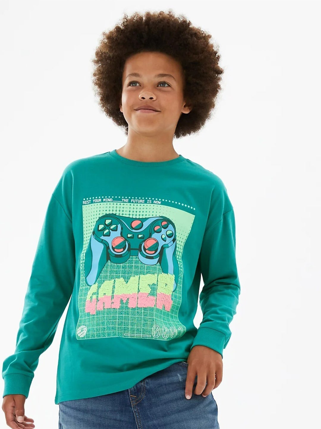 

Marks & Spencer Boys Green Graphic Printed Cotton T-shirt