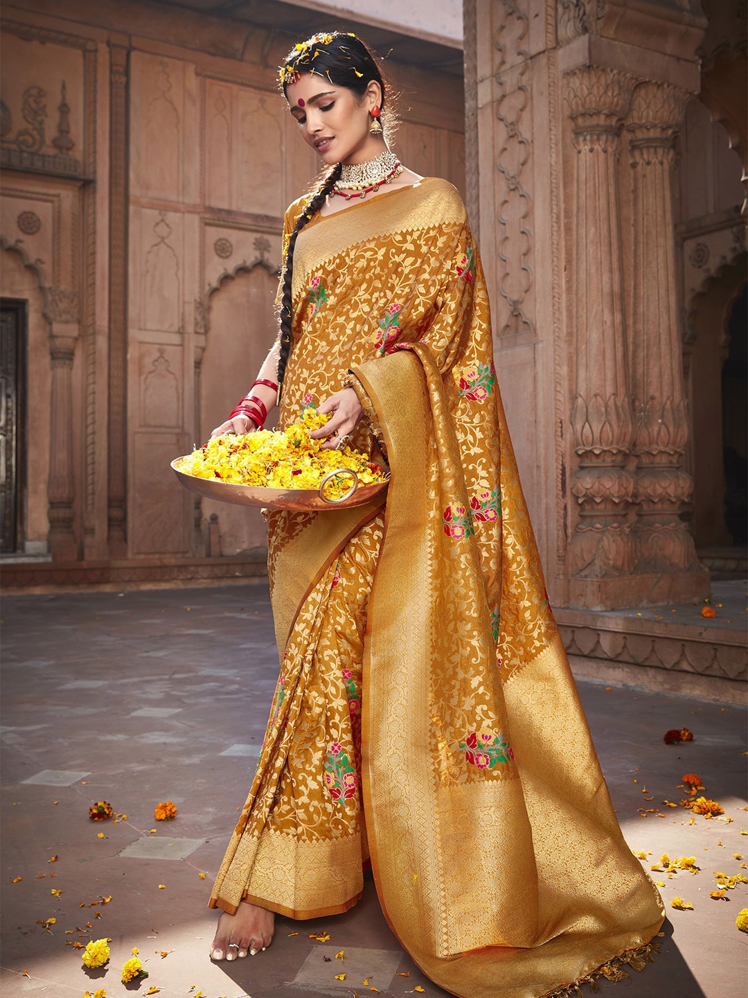 

elora Orange & Gold-Toned Floral Zari Banarasi Saree