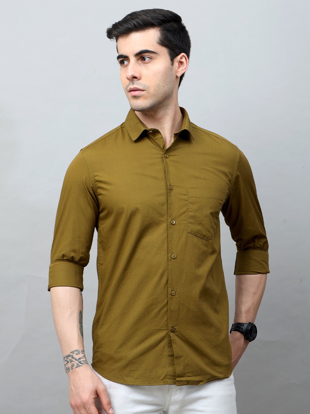 

Bushirt Men Olive Green Comfort Solid Cotton Casual Shirt