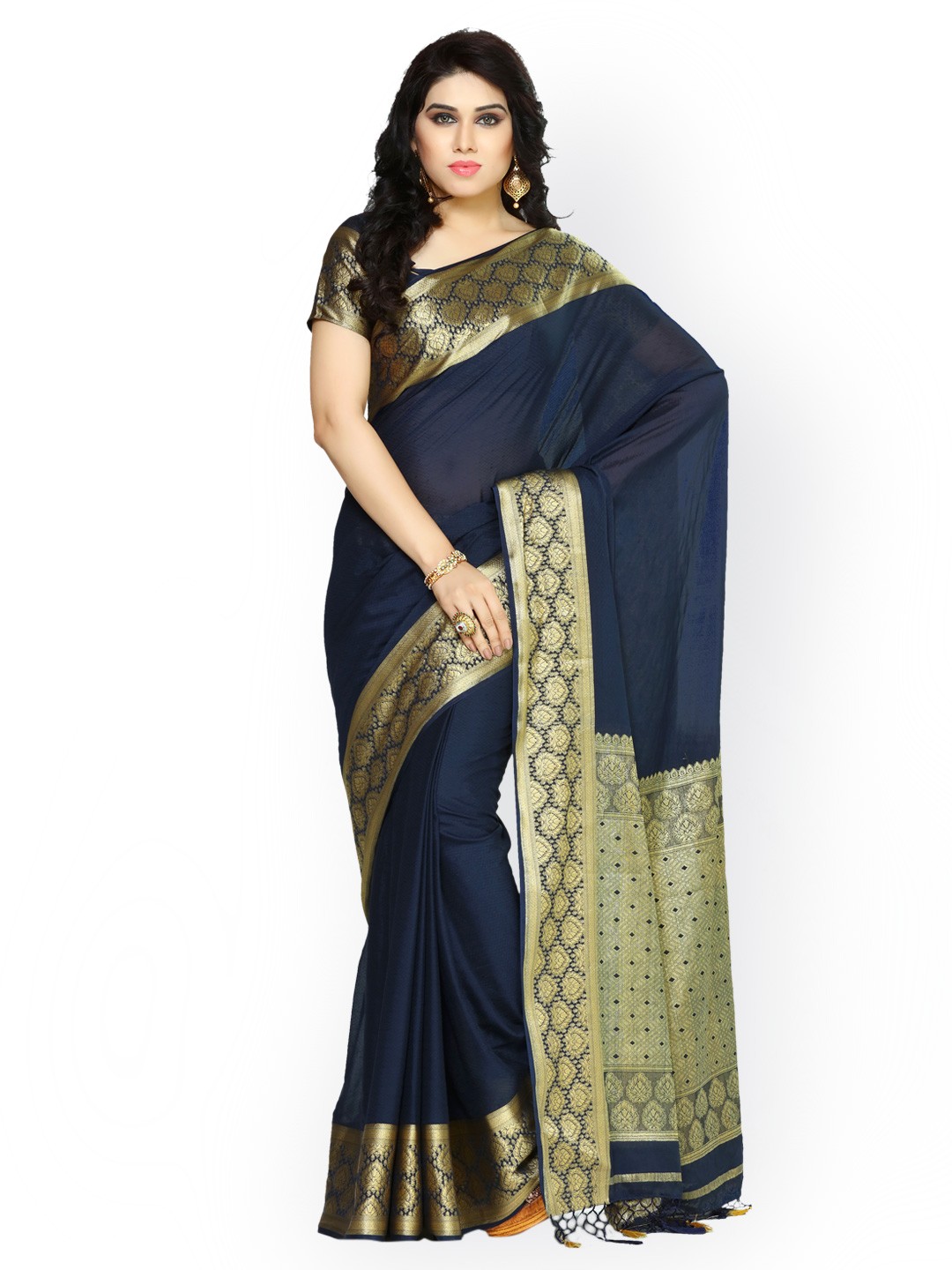 

MIMOSA Navy Blue & Gold-Toned Poly Crepe Kanjeevaram Saree