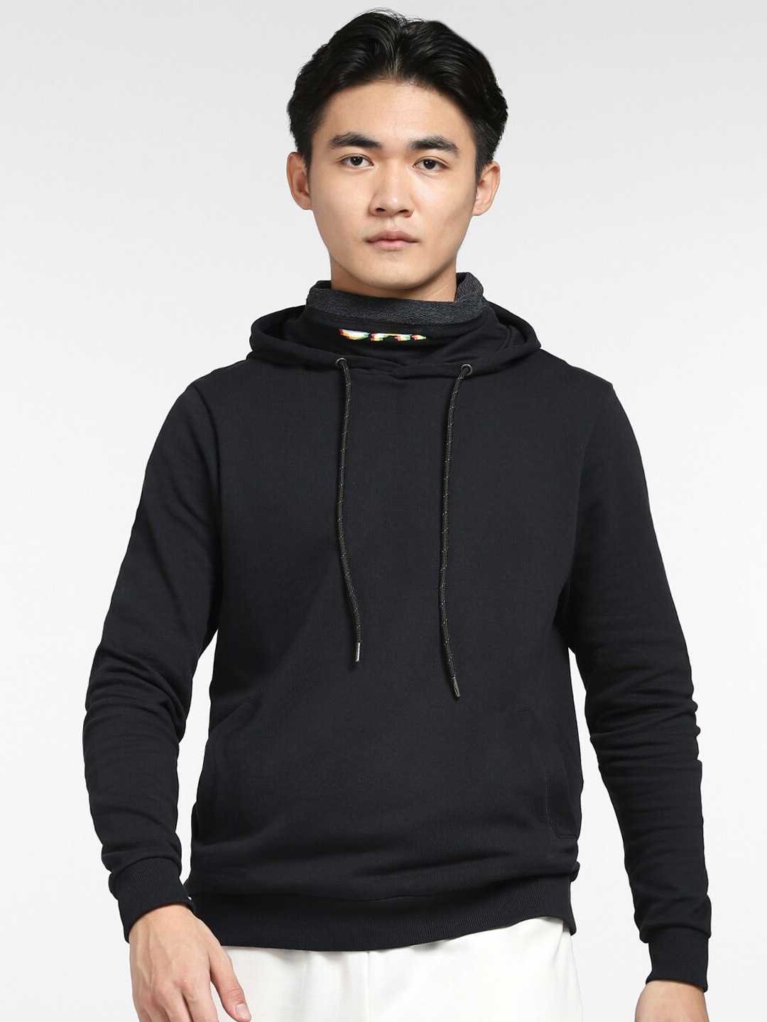 

Jack & Jones Men Black Solid Hooded Sweatshirt