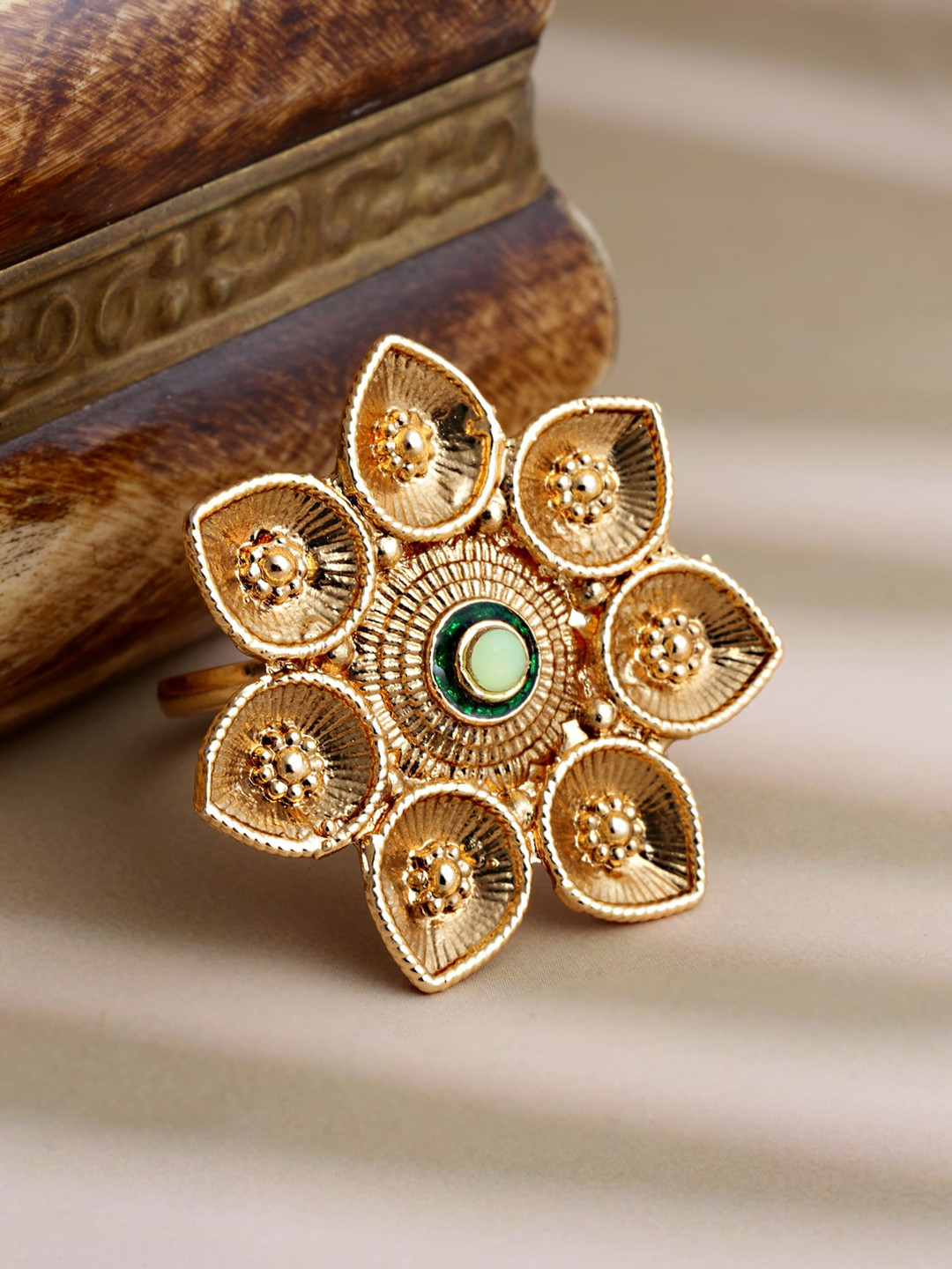 

KARATCART Green Gold-Plated Stone-Studded Finger Ring