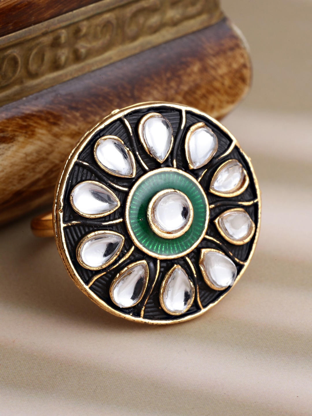 

KARATCART Gold-Plated Green & White Kundan-Studded Meenakari Finger Ring