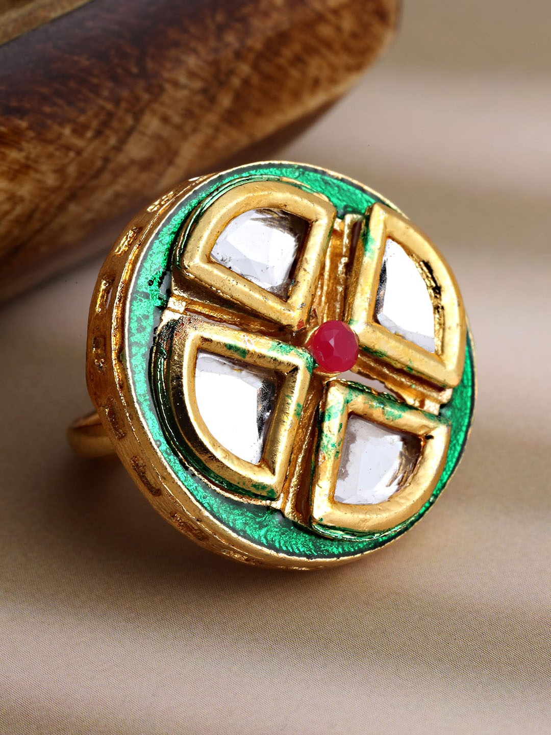 

KARATCART Women Green & Gold Plated Meena Polki Kundan Studded Finger Ring
