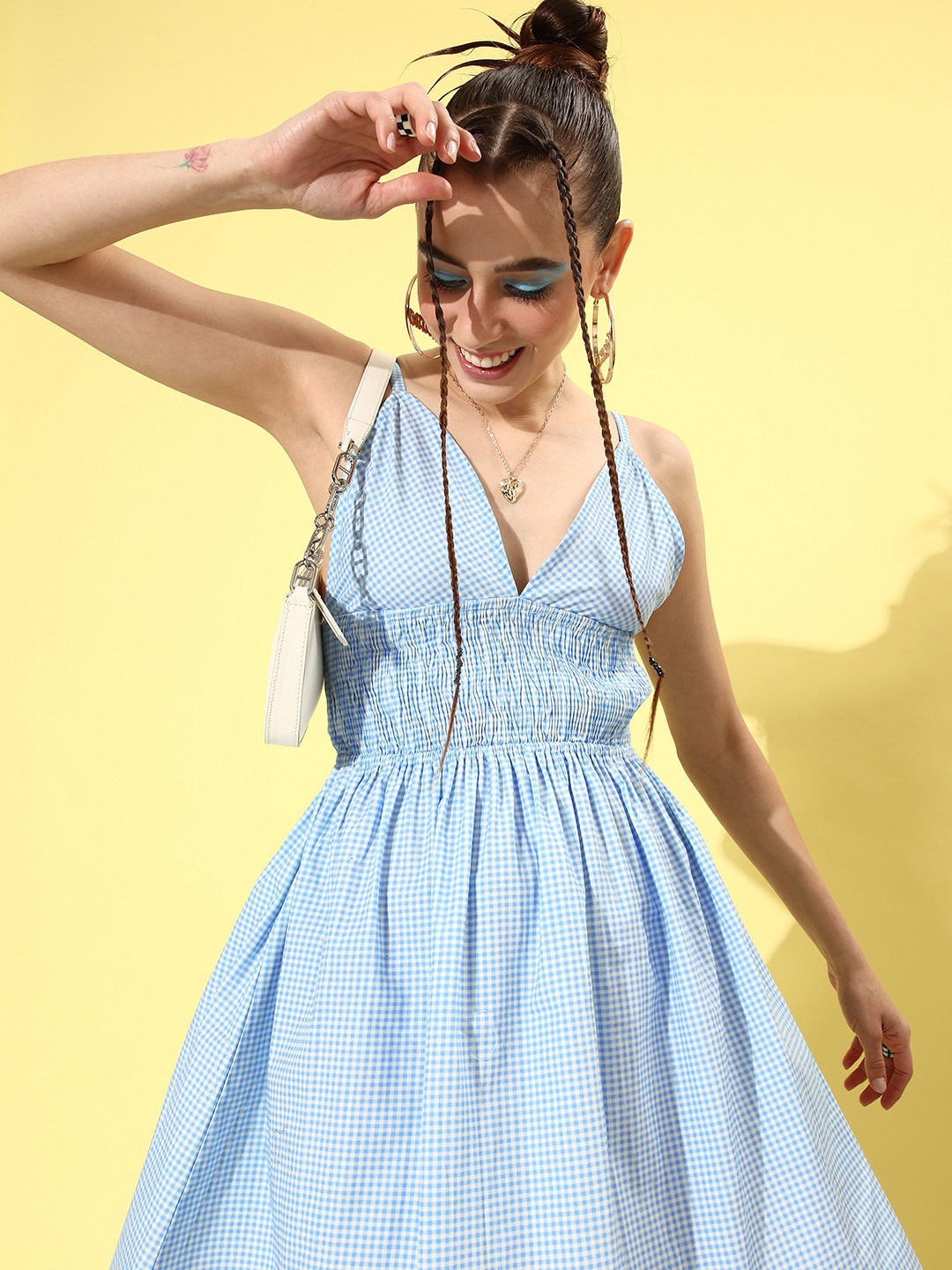 

StyleCast Checked Empire Dress With Smocked Detail, Blue