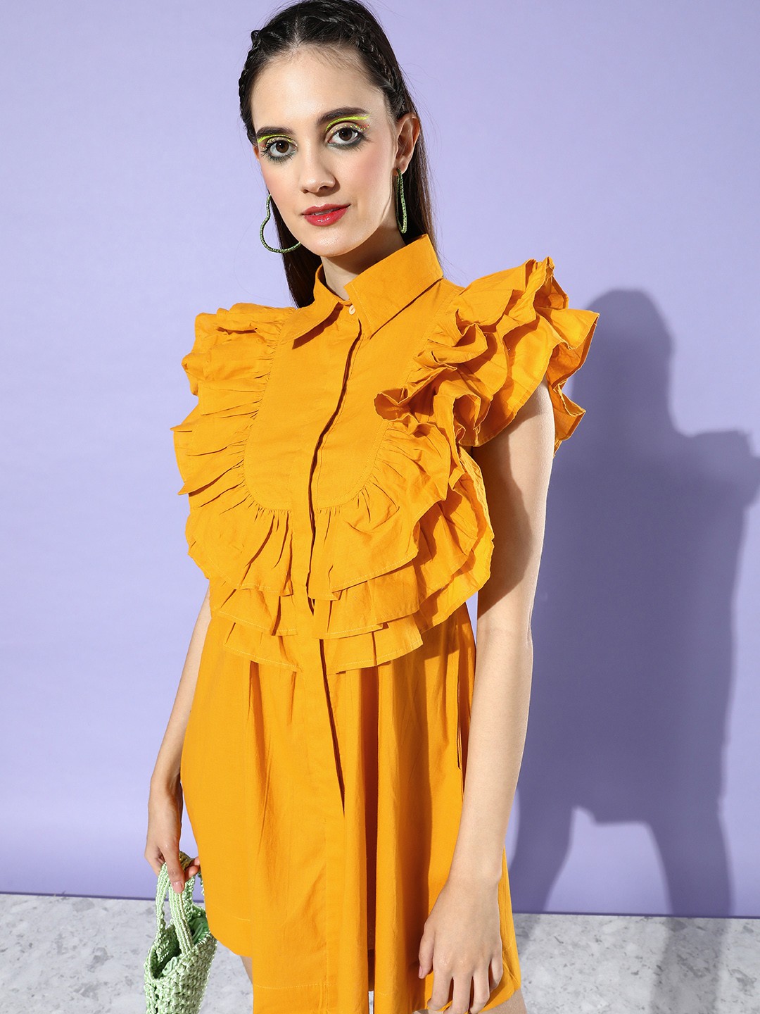 

StyleCast Solid A-Line Pure Cotton Mini Dress With Ruffle Details, Yellow