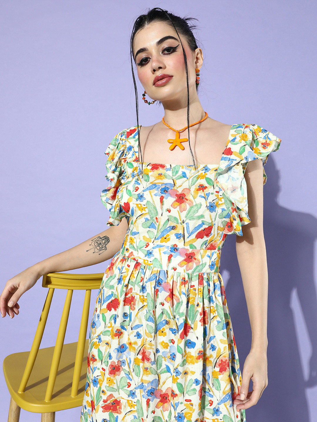 

StyleCast Floral Printed Fit And Flare Dress With Ruffles, Multi