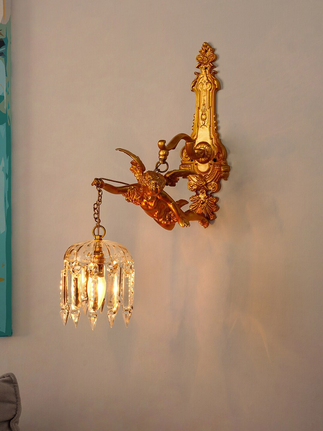 

Fos Lighting Gold-Toned Aluminum Gilded Cherub Crystal Classic Single Wall Lamp
