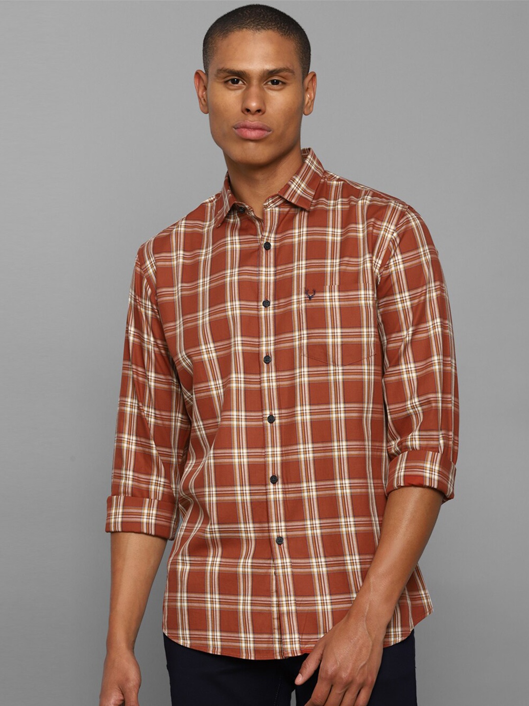 

Allen Solly Men Rust Cotton Slim Fit Tartan Checks Checked Casual Shirt