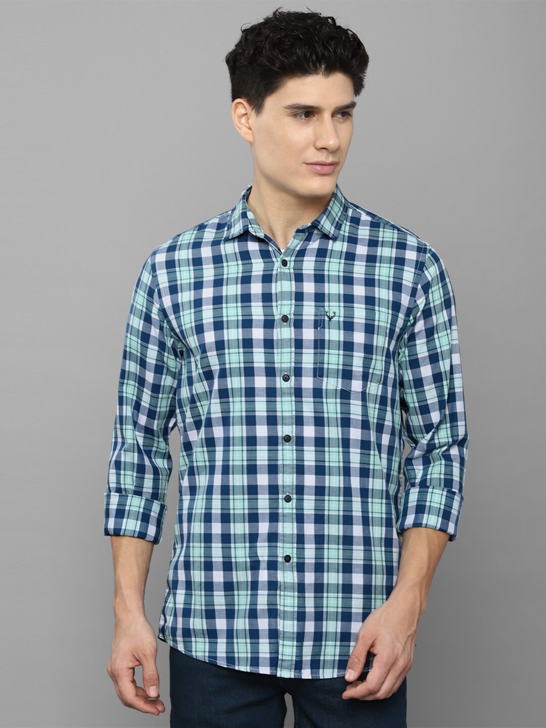 

Allen Solly Sport Men Teal green Tartan Checks Pure Cotton Casual Shirt