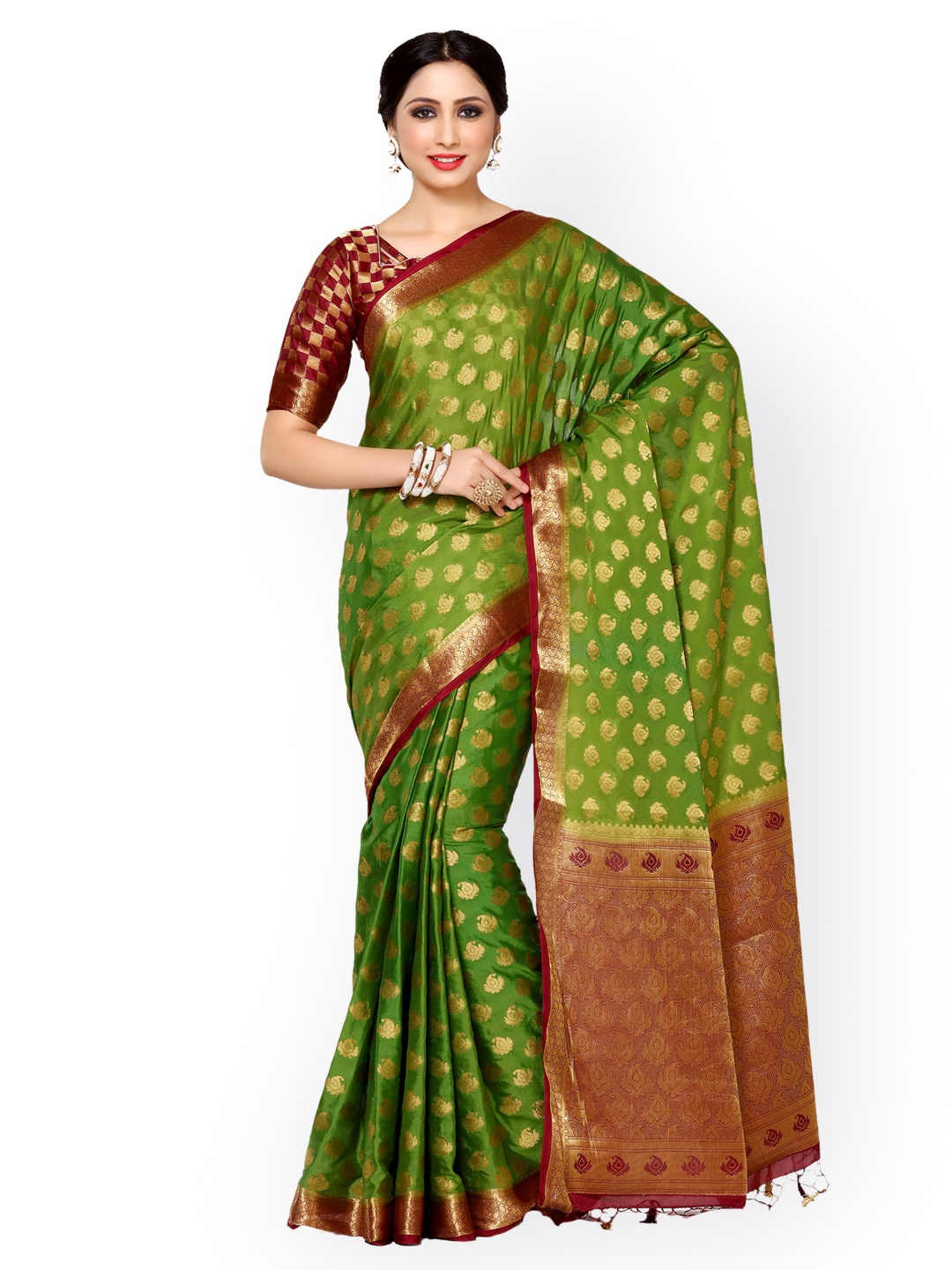 

MIMOSA Olive Green & Brown Poly Crepe Kanjeevaram Saree