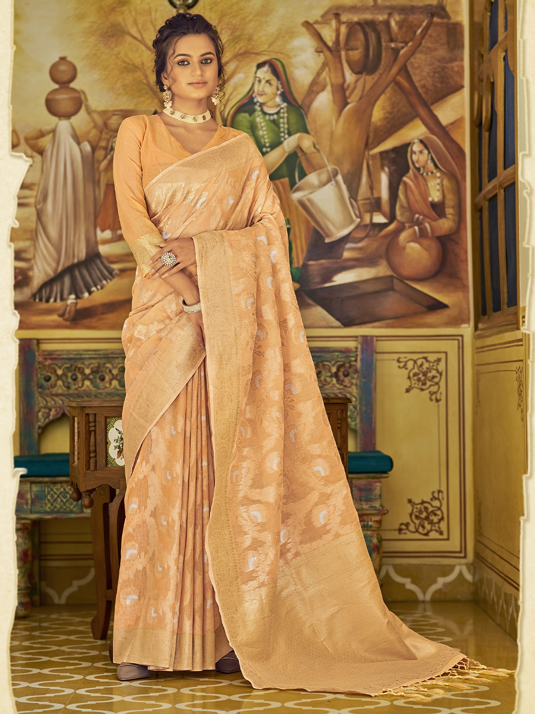 

elora Orange & Gold-Toned Floral Linen Blend Saree
