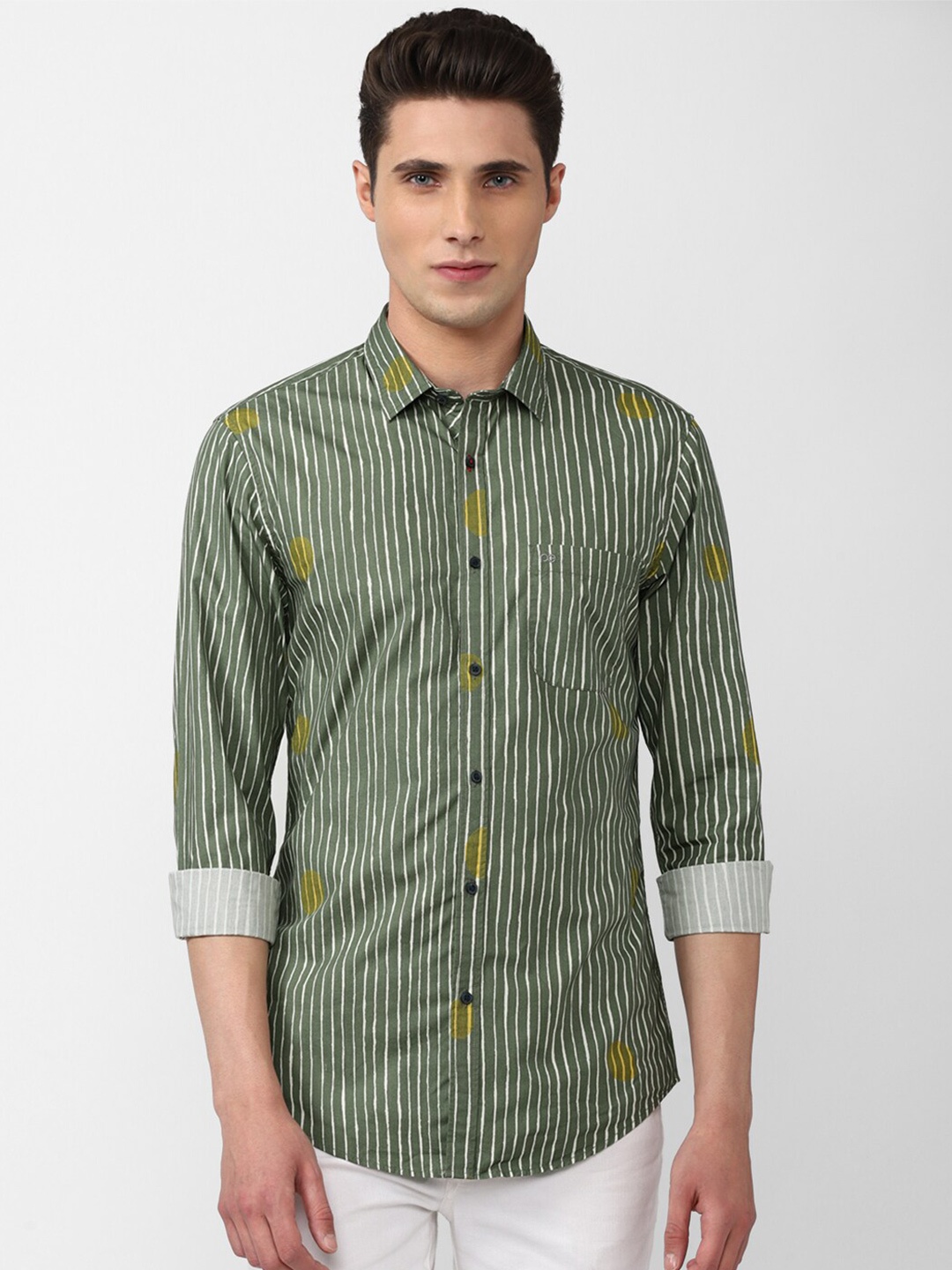 

Peter England Casuals Men Olive Green Slim Fit Striped Casual Shirt