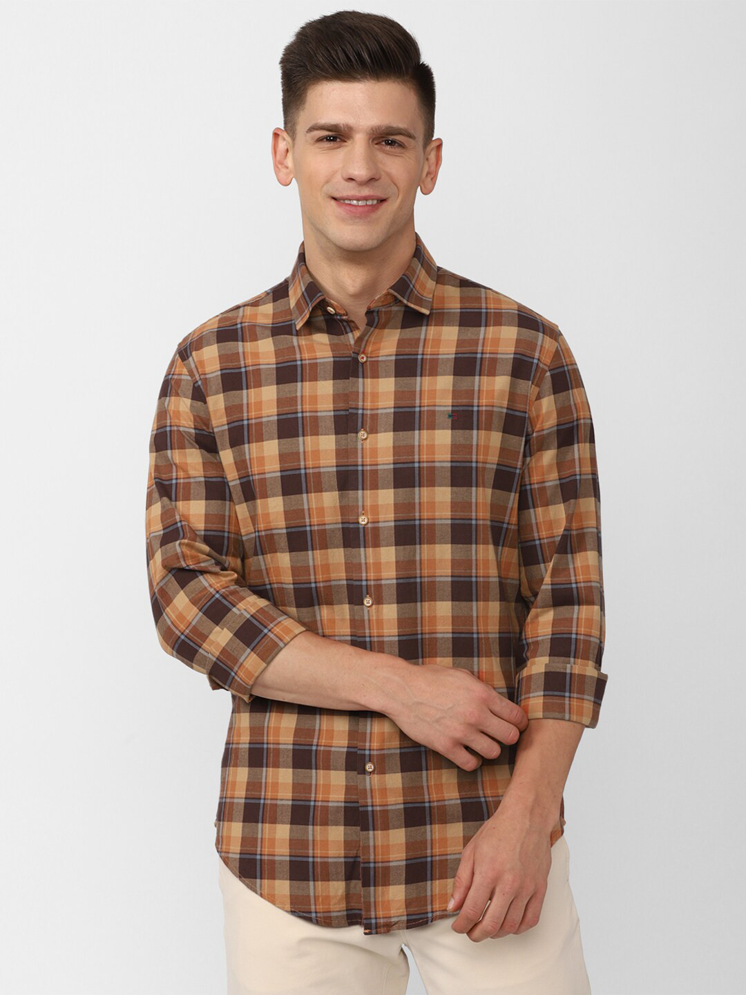 

Peter England Casuals Men Khaki Slim Fit Tartan Checks Checked Casual Shirt