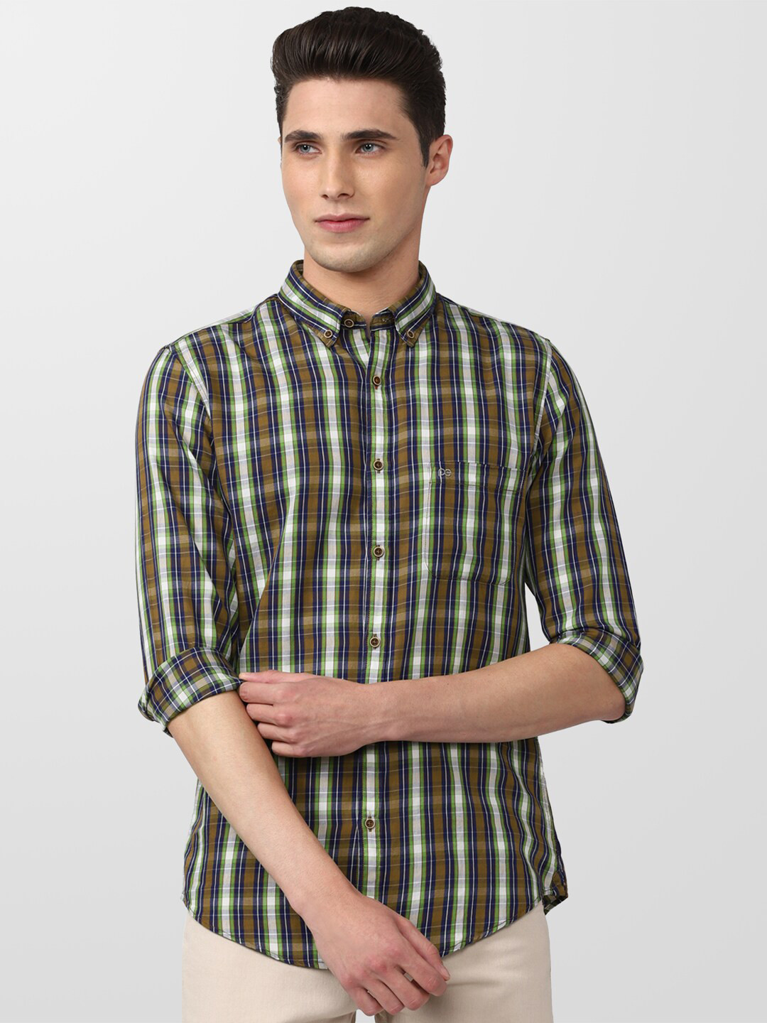 

Peter England Casuals Men Green Slim Fit Tartan Checks Checked Casual Shirt, Lime green