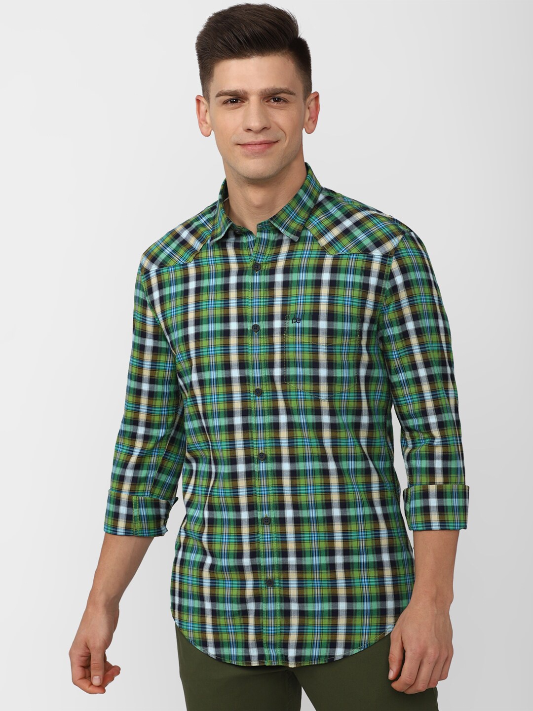 

Peter England Casuals Men Green Slim Fit Tartan Checks Checked Casual Shirt