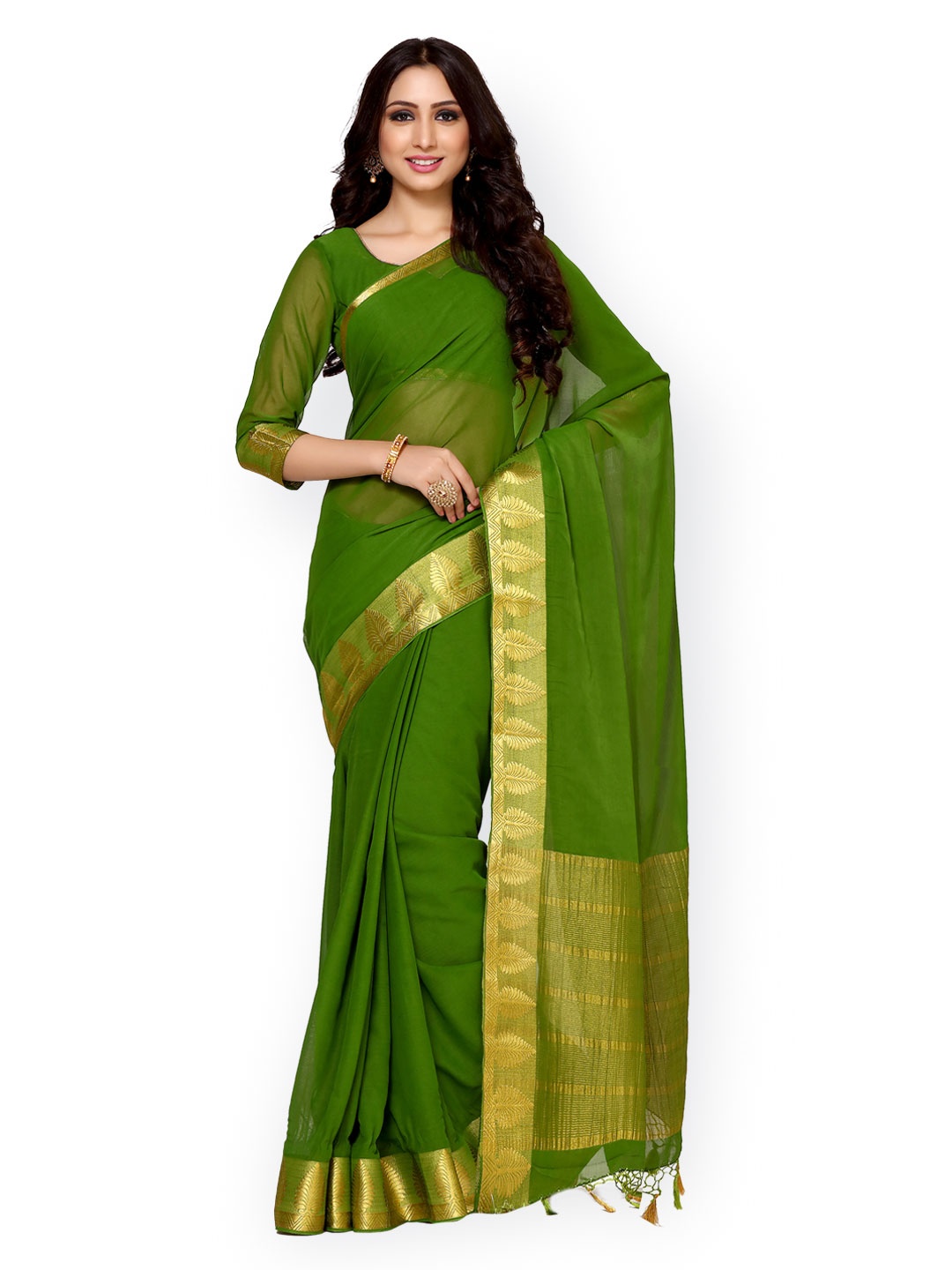 

MIMOSA Green Poly Chiffon Solid Kanjeevaram Saree