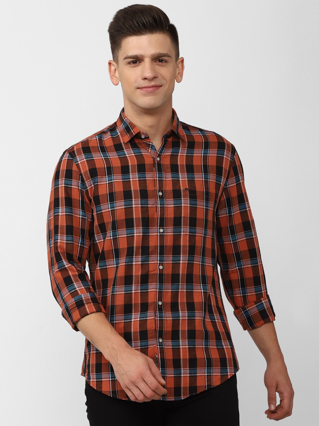 

Peter England Casuals Men Orange Slim Fit Tartan Checked Casual Shirt
