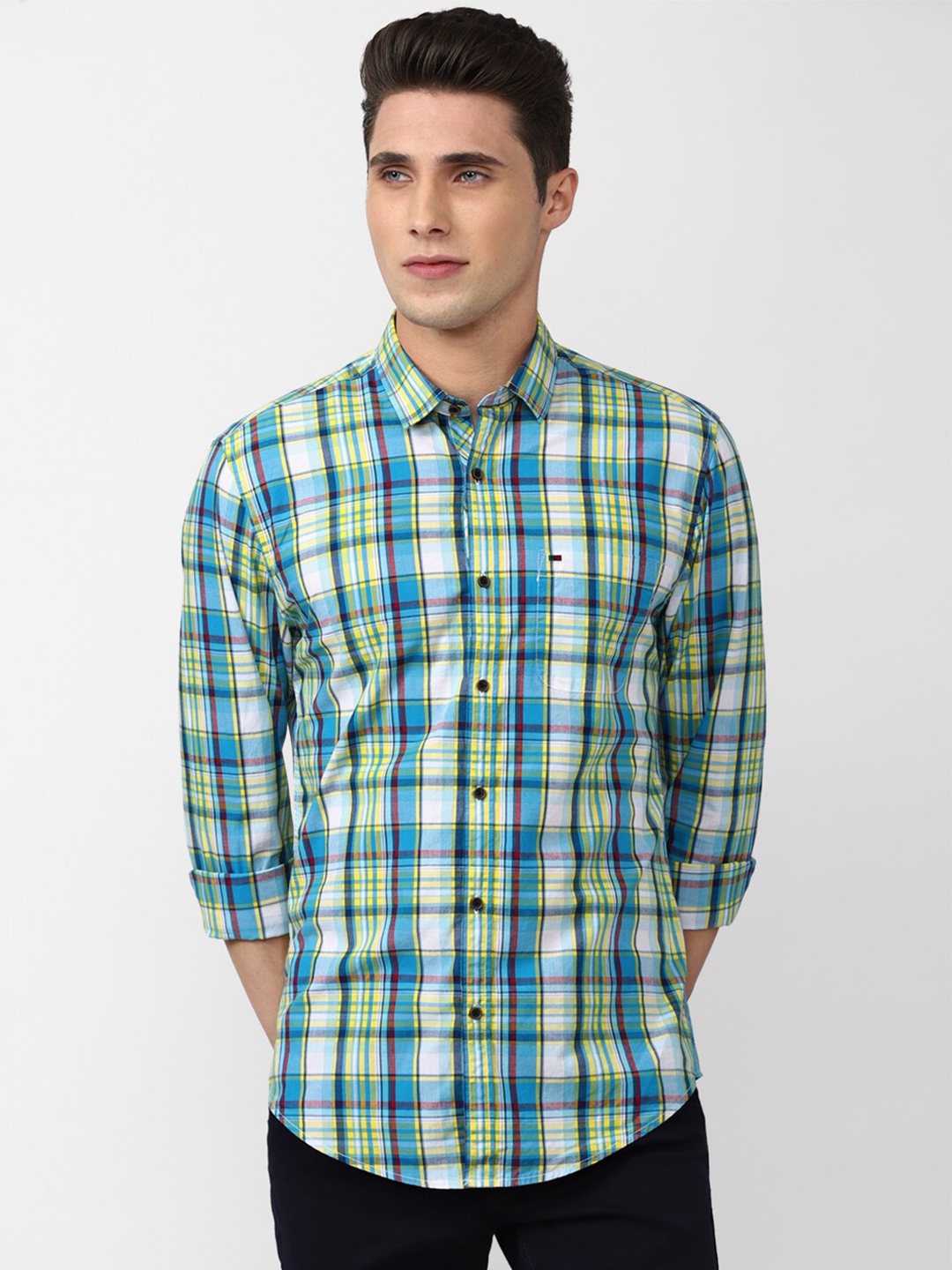 

Peter England Casuals Men Blue Slim Fit Tartan Checks Pure Cotton Casual Shirt