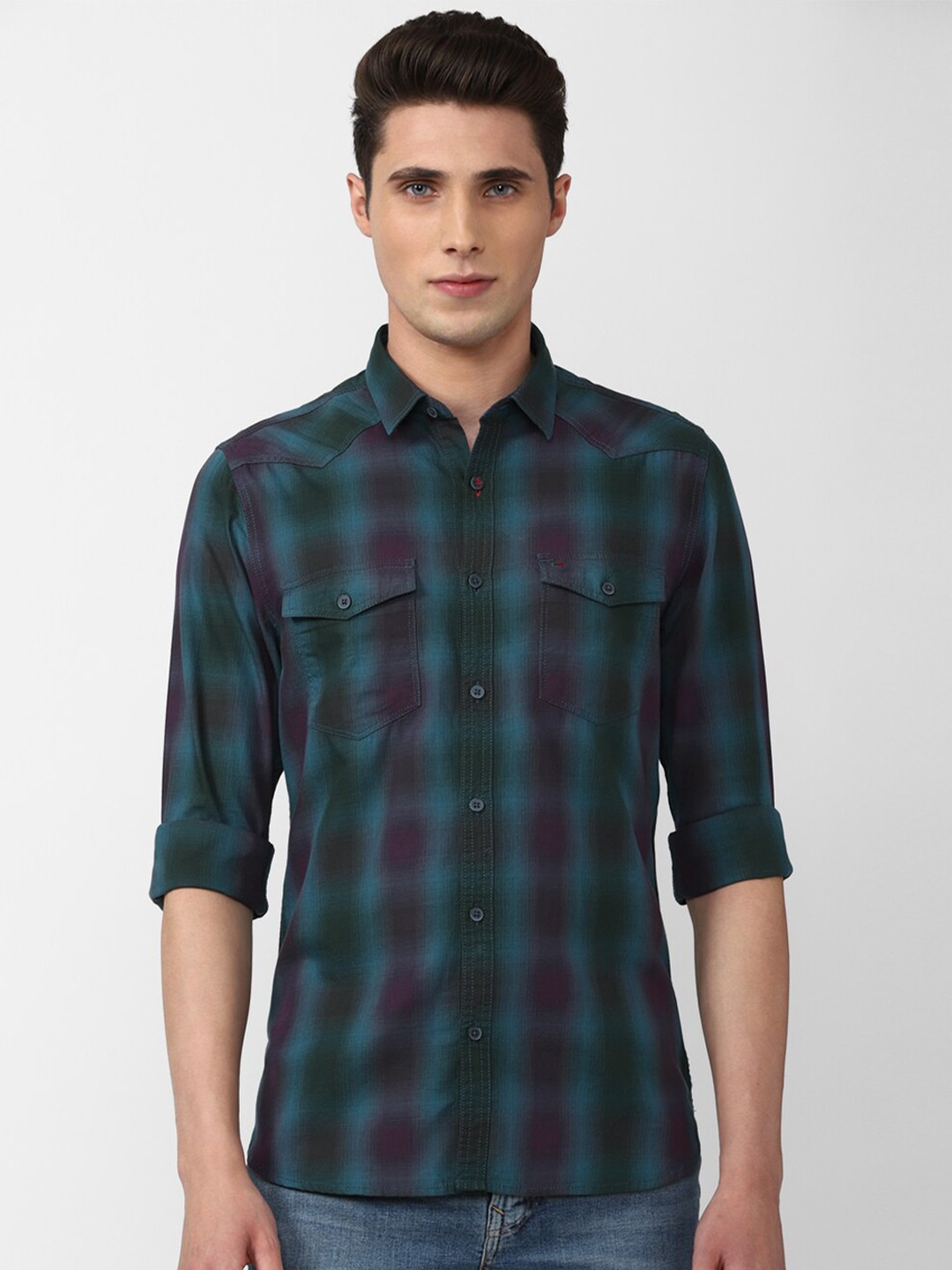 

Peter England Casuals Men Blue Slim Fit Checked Pure Cotton Casual Shirt