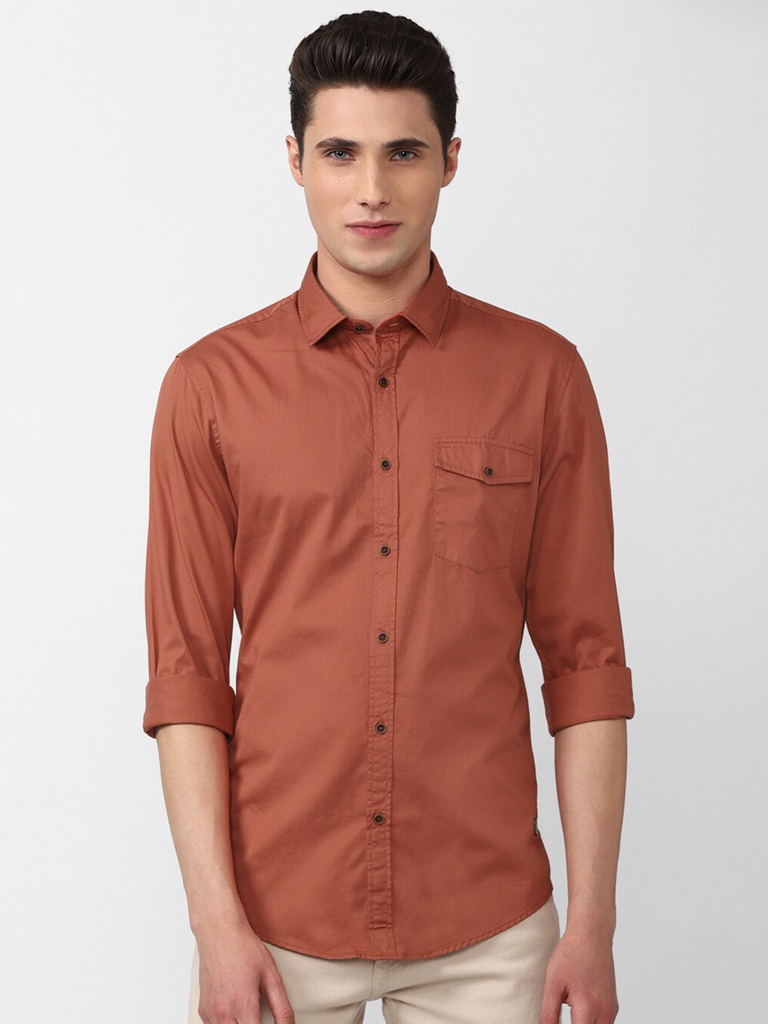 

Peter England Casuals Men Rust Slim Fit Pure Cotton Casual Shirt