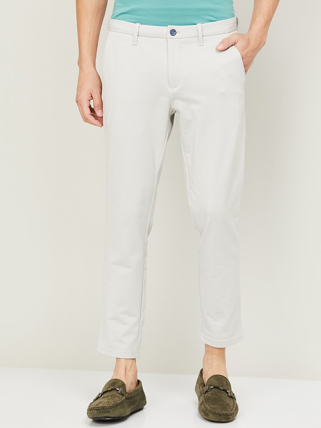 

CODE by Lifestyle Men Cream-Coloured Slim Fit Cotton Trousers