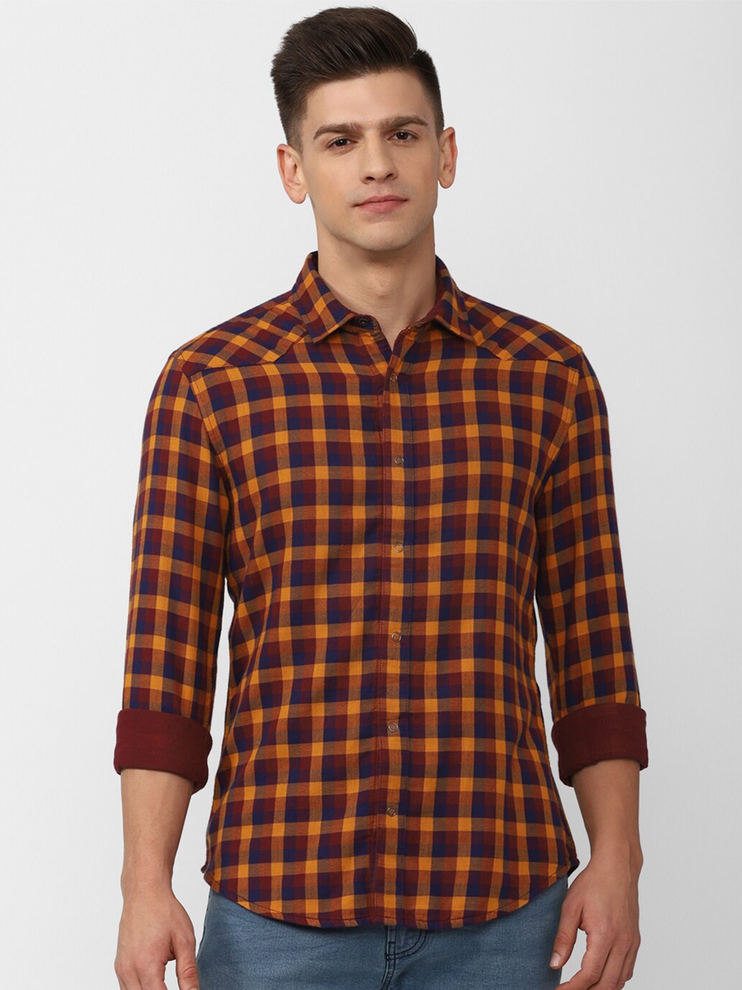 

Peter England Casuals Men Mustard & Maroon Checked Cotton Casual Shirt