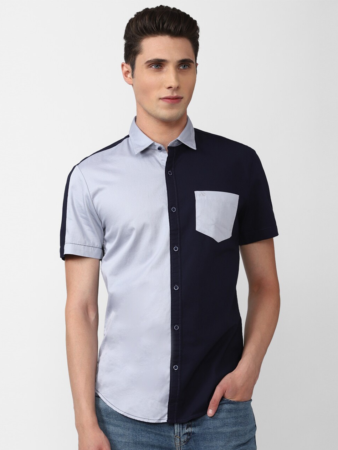 

Peter England Casuals Men Navy Blue Colourblocked Slim Fit Cotton Casual Shirt