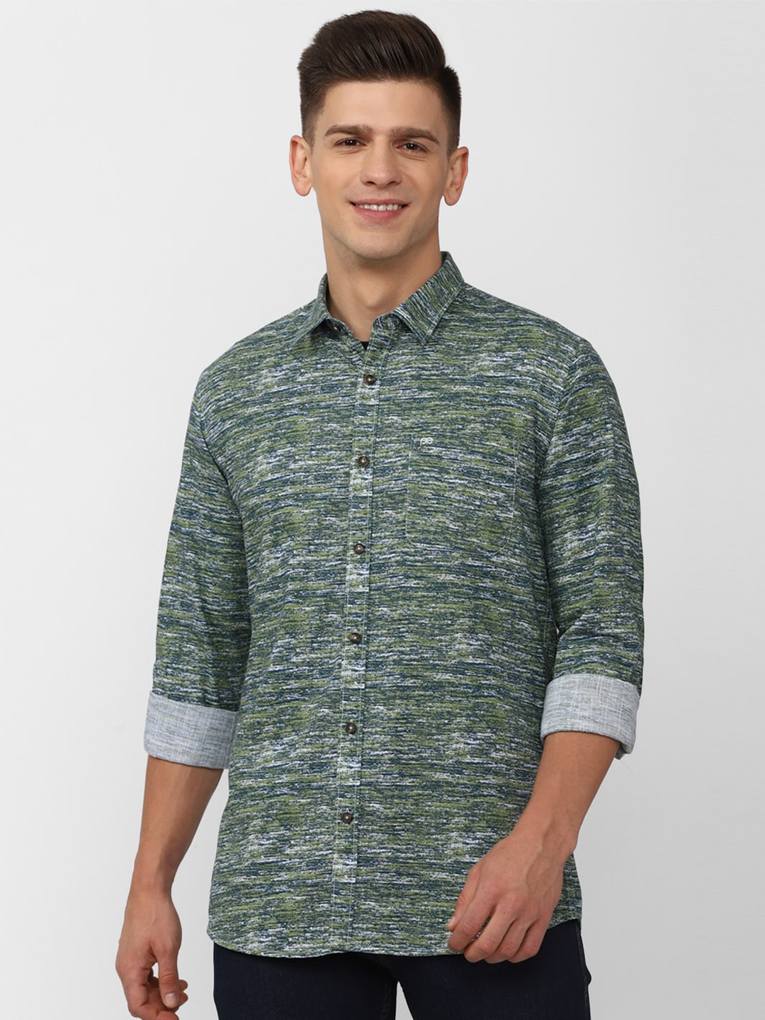 

Peter England Casuals Men Green Slim Fit Printed Pure Cotton Casual Shirt