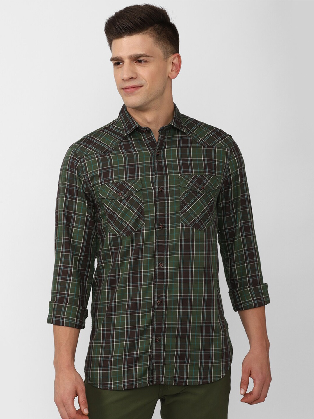 

Peter England Casuals Men Olive Green Slim Fit Tartan Checks Cotton Casual Shirt