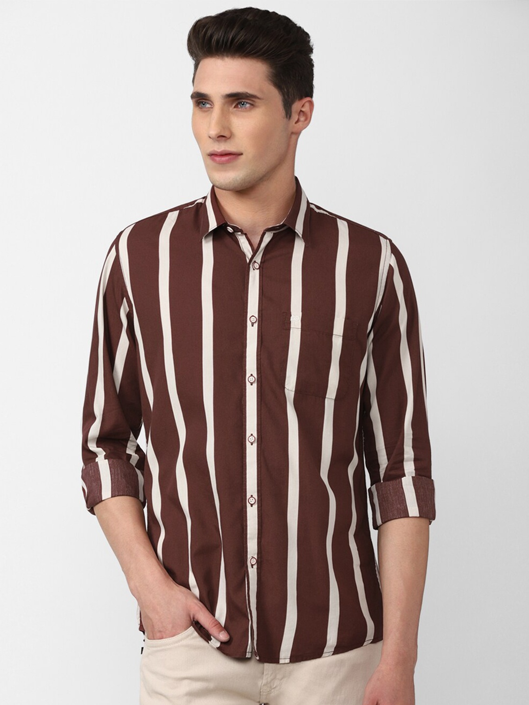 

Peter England Casuals Men Maroon Slim Fit Striped Cotton Casual Shirt