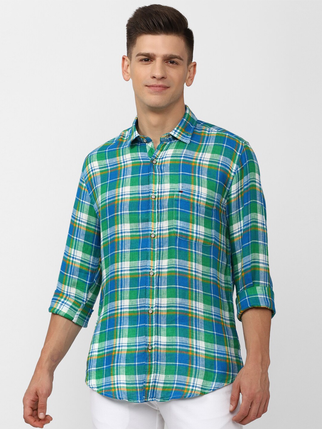 

Peter England Casuals Men Blue Slim Fit Tartan Checks Checked Casual Shirt