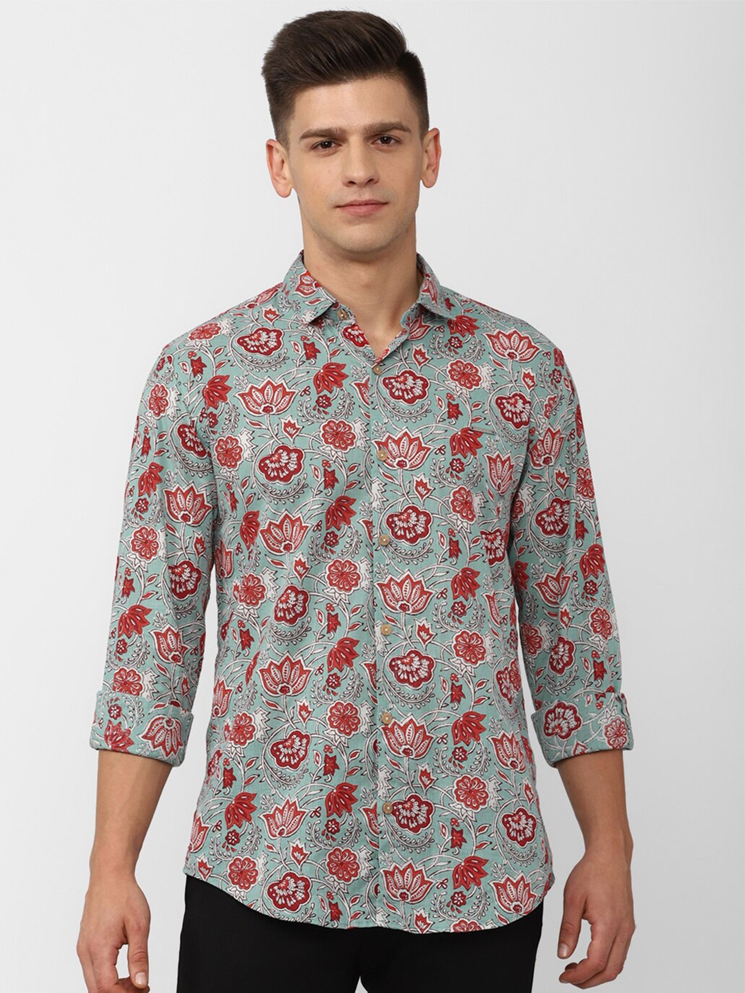 

Peter England Casuals Men Green Floral Printed Cotton Slim Fit Casual Shirt
