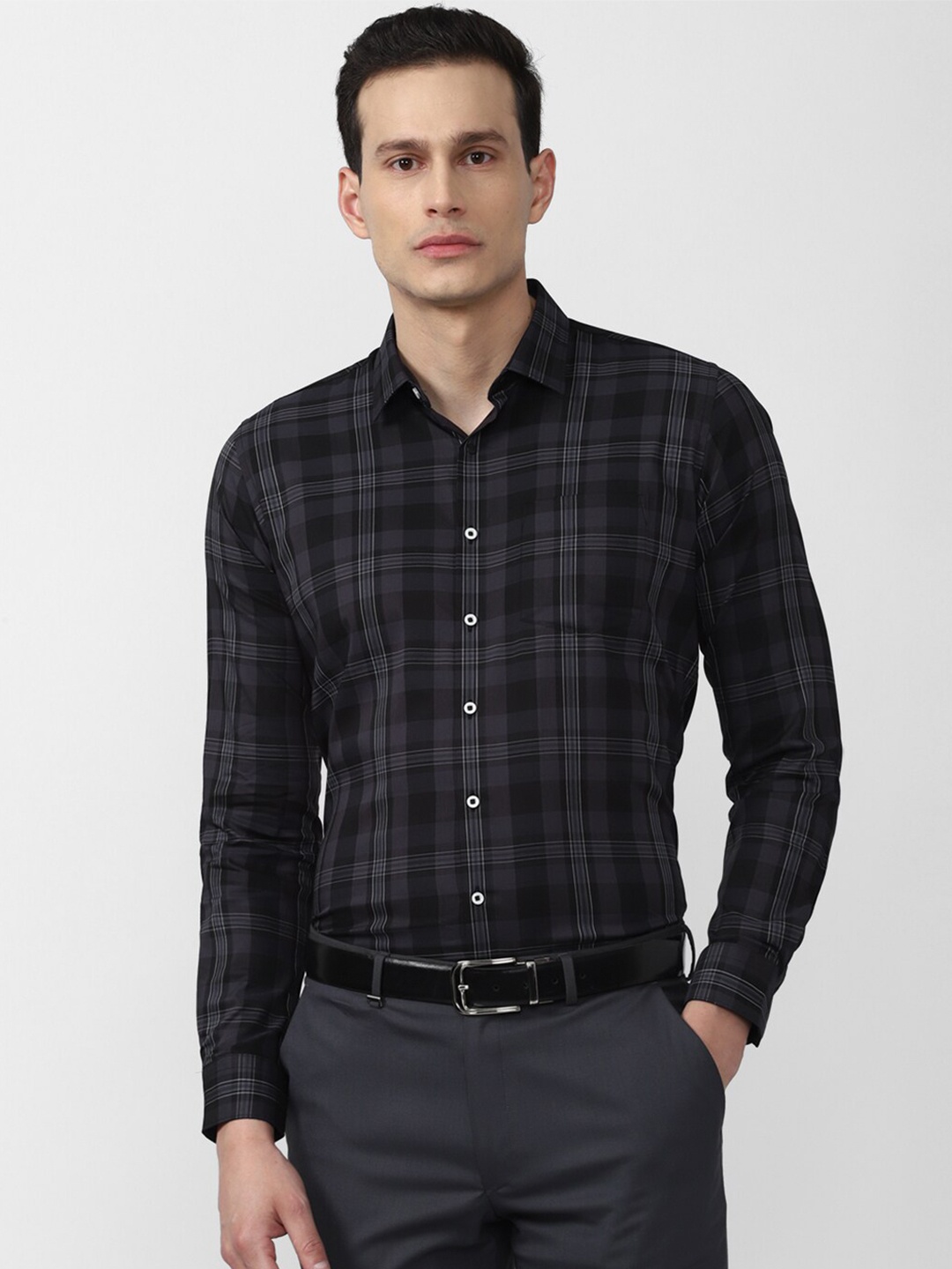 

Van Heusen Men Grey Slim Fit Tartan Checks Checked Formal Shirt