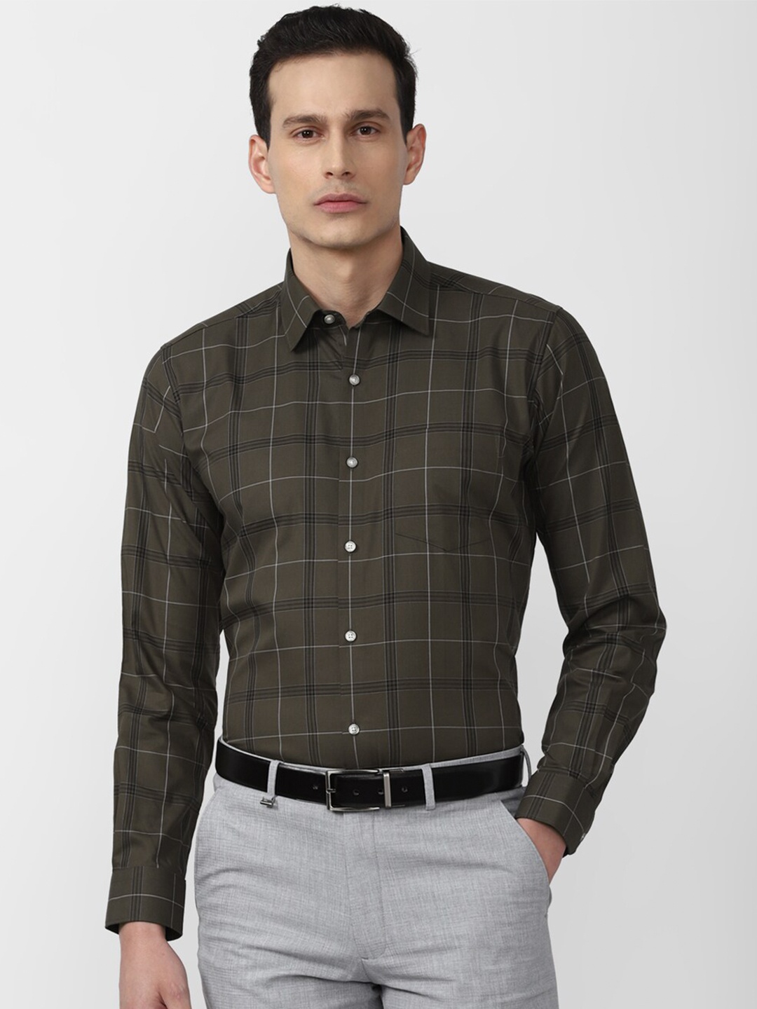 

Van Heusen Men Olive Green Cotton Checked Formal Shirt