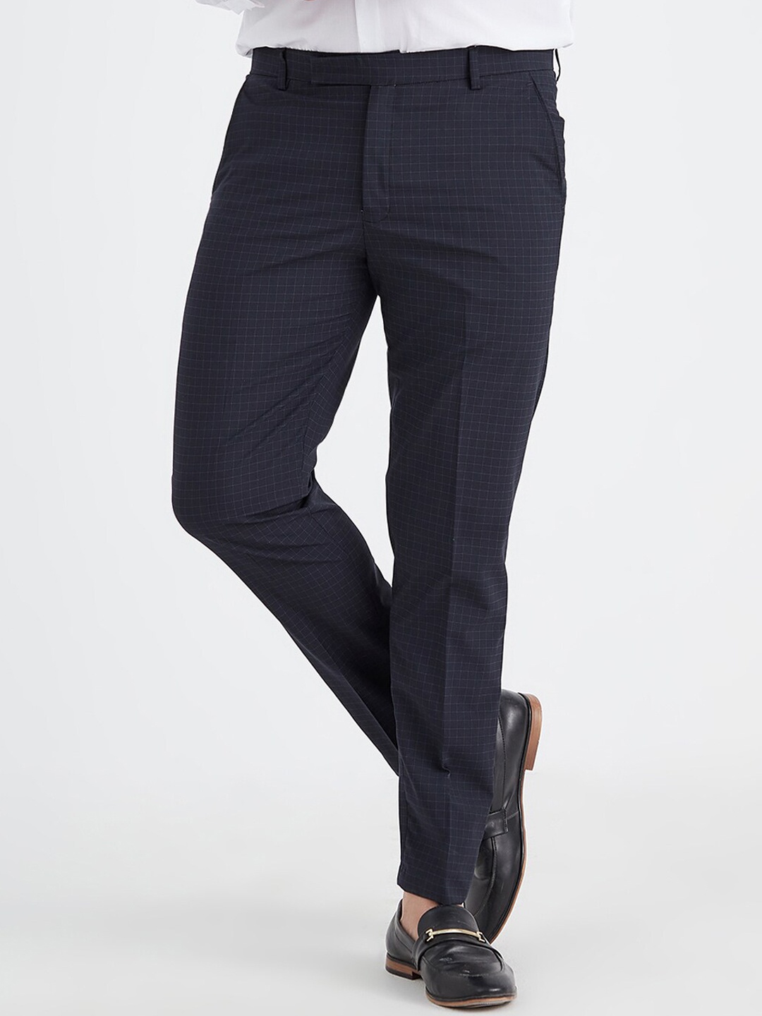 

MR BUTTON Men Navy Blue Checked Slim Fit Trousers