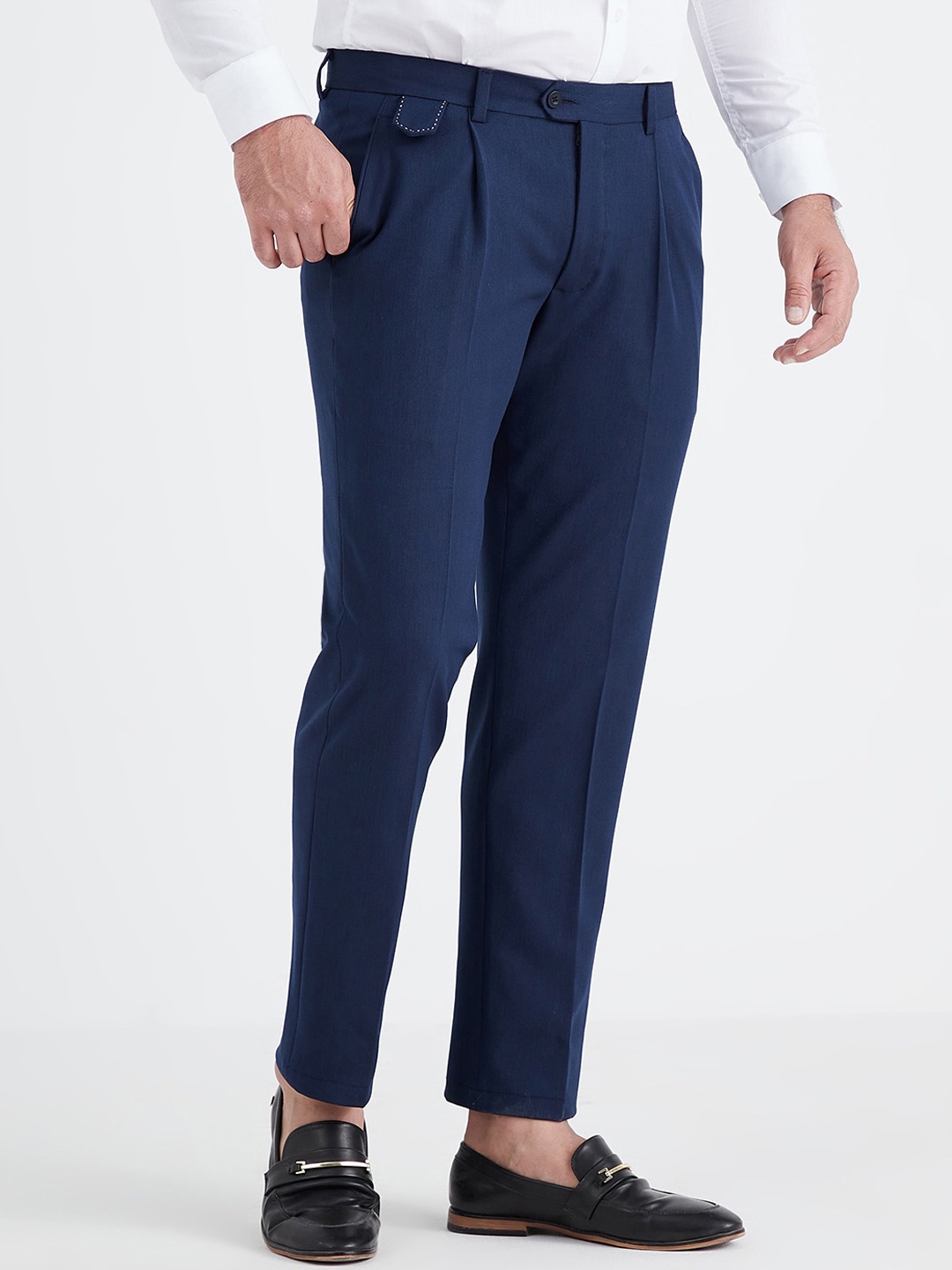 

MR BUTTON Men Navy Blue Slim Fit Pleated Trousers